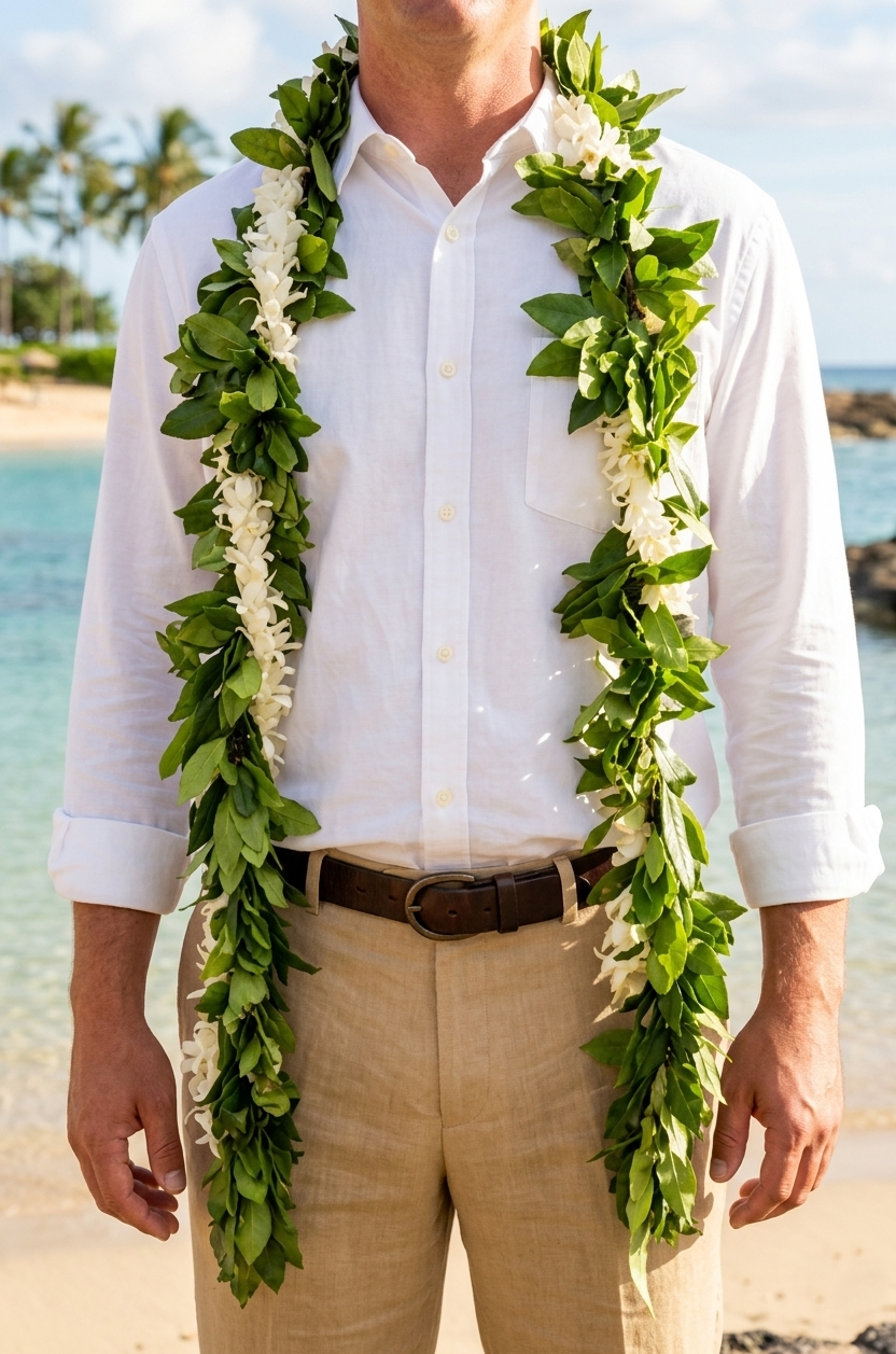 Hawaii Beach Wedding SET * (1)Bouquet +(1) Haku Lei + (1) Double Ti Leaf Lei