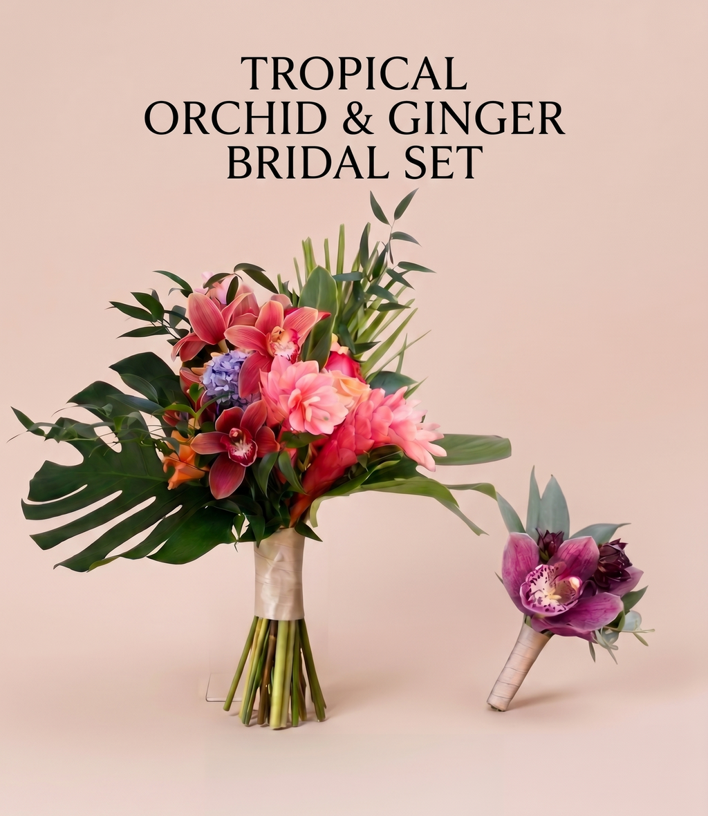 Tropical Orchid & Ginger Bridal Bouquet Set with Matching Boutonniere