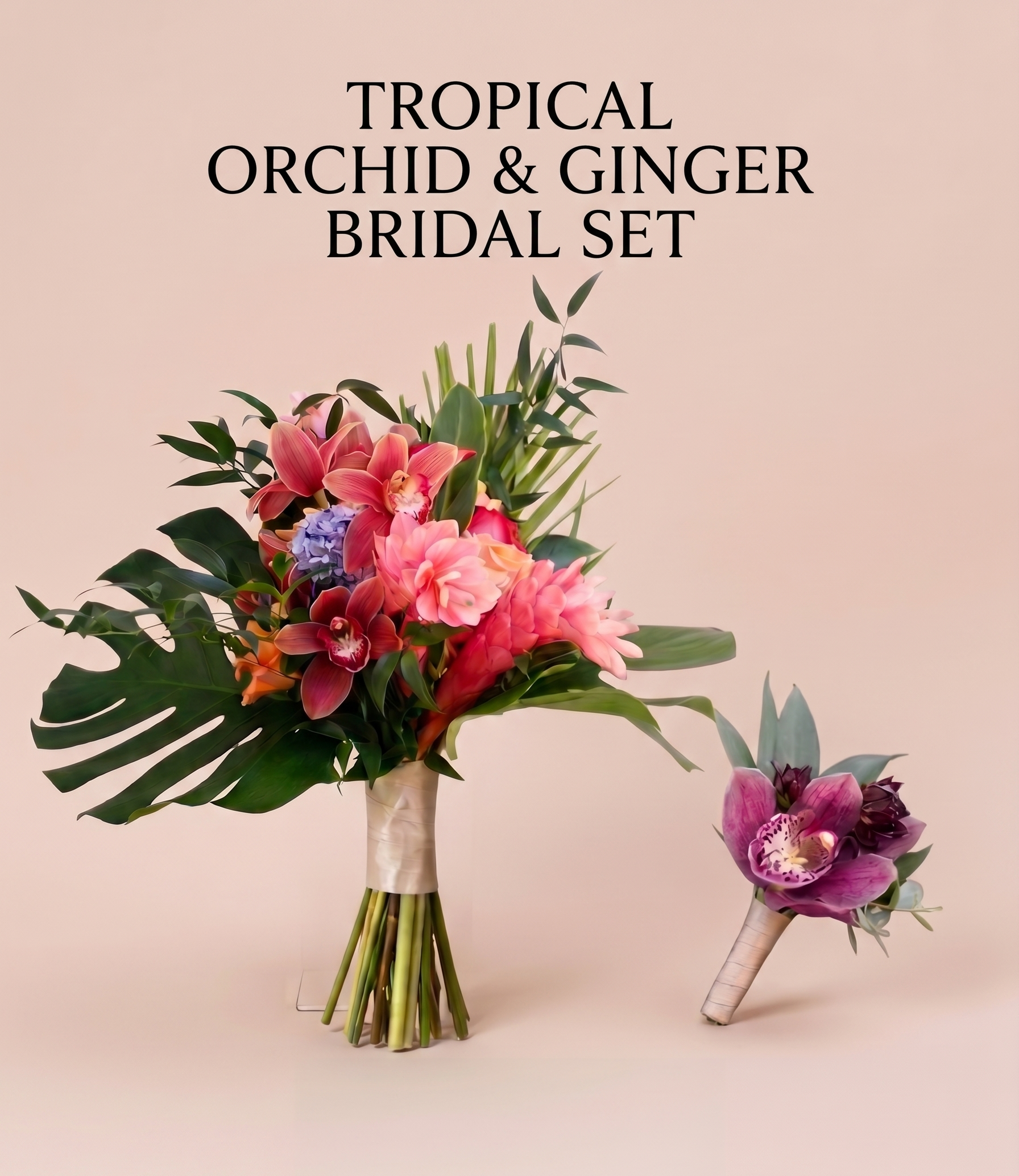 Tropical Orchid & Ginger Bridal Bouquet Set with Matching Boutonniere